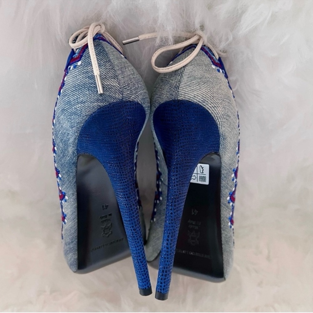 New! GIANMATCO LORENZI Denina Embellished Denim Peep Toe Pumps - Picture 9 of 12